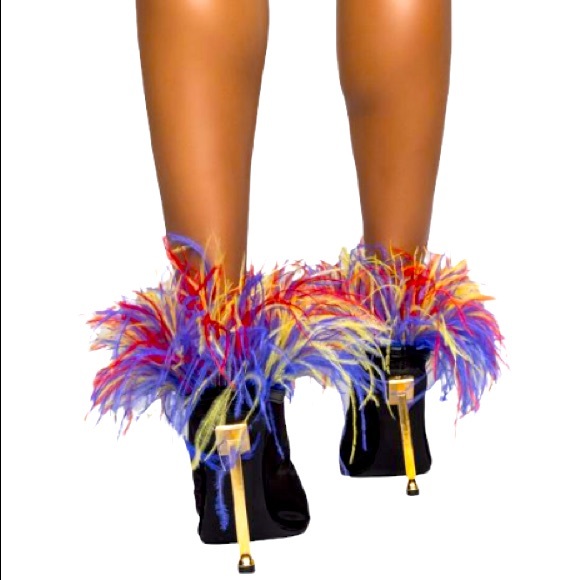 Azalea Wang Sasha Multi-Colored Feather Trim Photoshoot Open Toe Ankle Booties - Picture 3 of 4